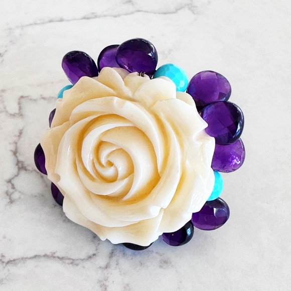 Sterling Silver 925 Resin Ring With Amethyst And Turquoise Real Quartz - Picture 4 of 7